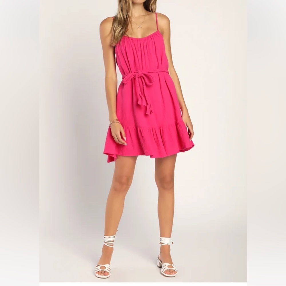 Lulus Cinched It Magenta Ruffled Belted Shift Mini Dress